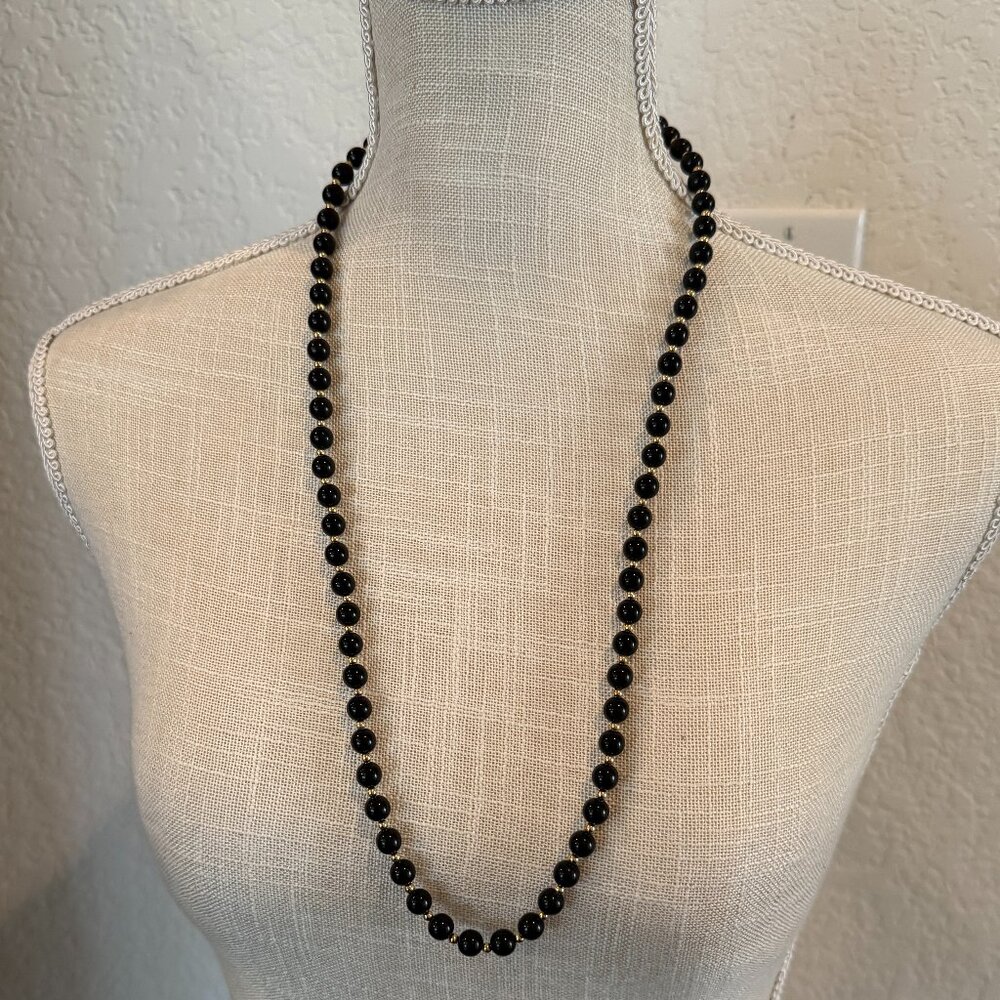 Vintage Monet Black Beaded Long Necklace Gold Tone